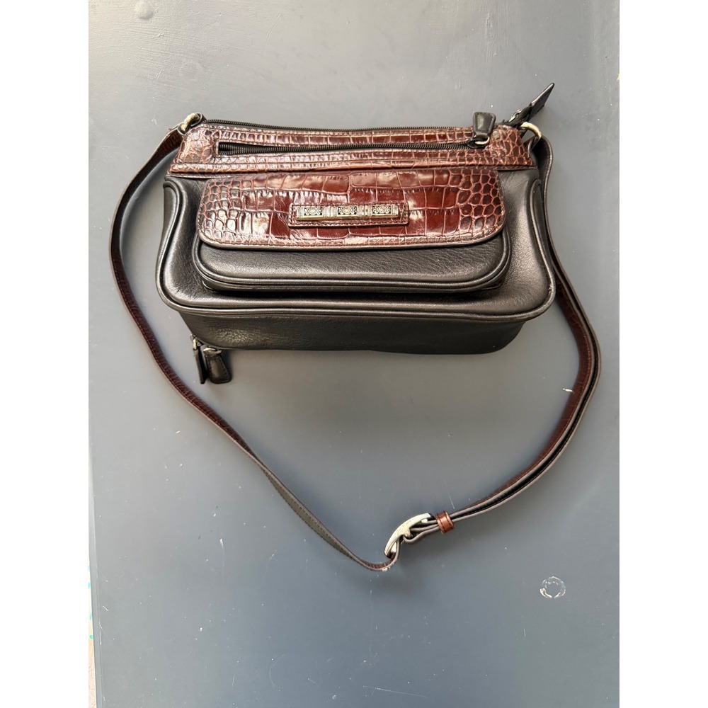Brighton Black Brown Croc Embossed‎ Leather Crossbody Organizer Bag S503143